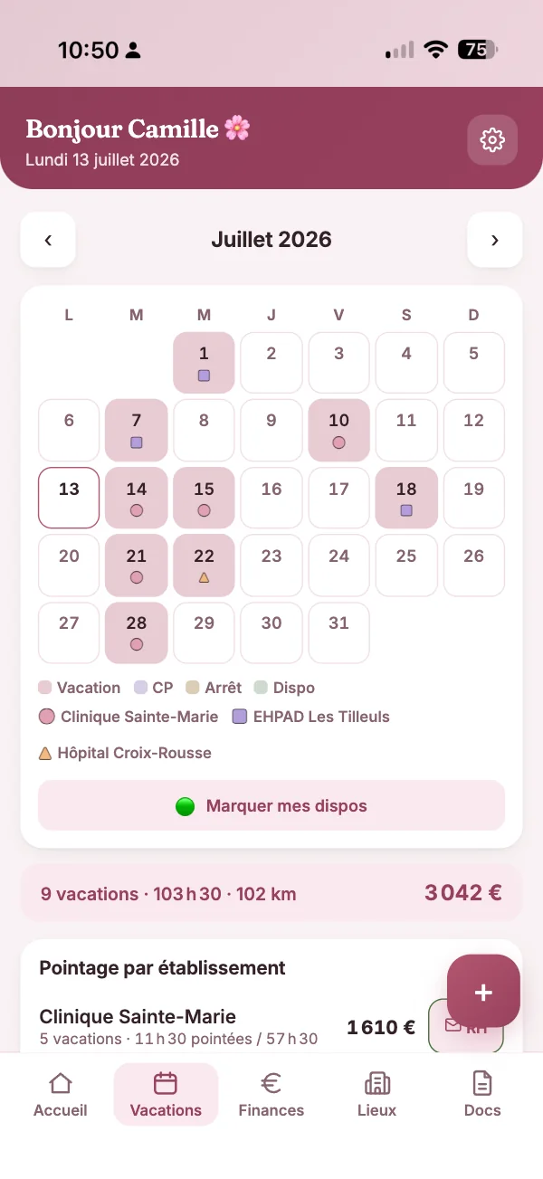 Calendrier mensuel de Vacaly : chaque jour travaillé porte une pastille de couleur et de forme correspondant à son établissement.