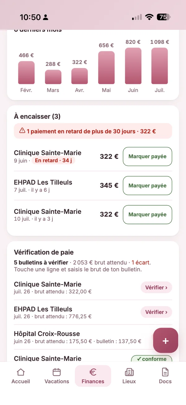 Écran de vérification de paie : pour chaque établissement et chaque mois, le net estimé et un bouton « à vérifier ».