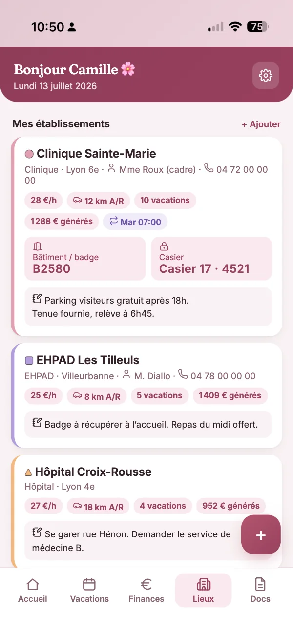 Fiche d'un établissement : codes d'accès, contacts et horaires types.
