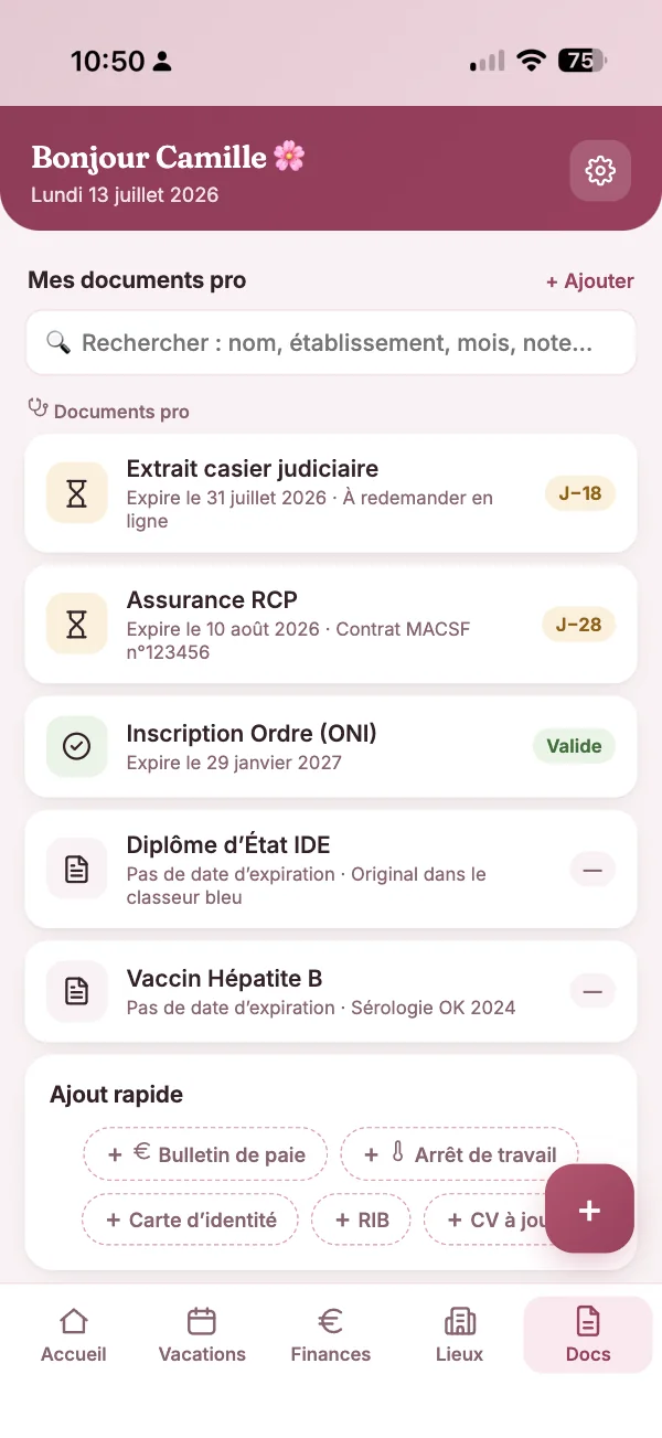 Documents professionnels avec leur statut : expiré, à renouveler, valide.