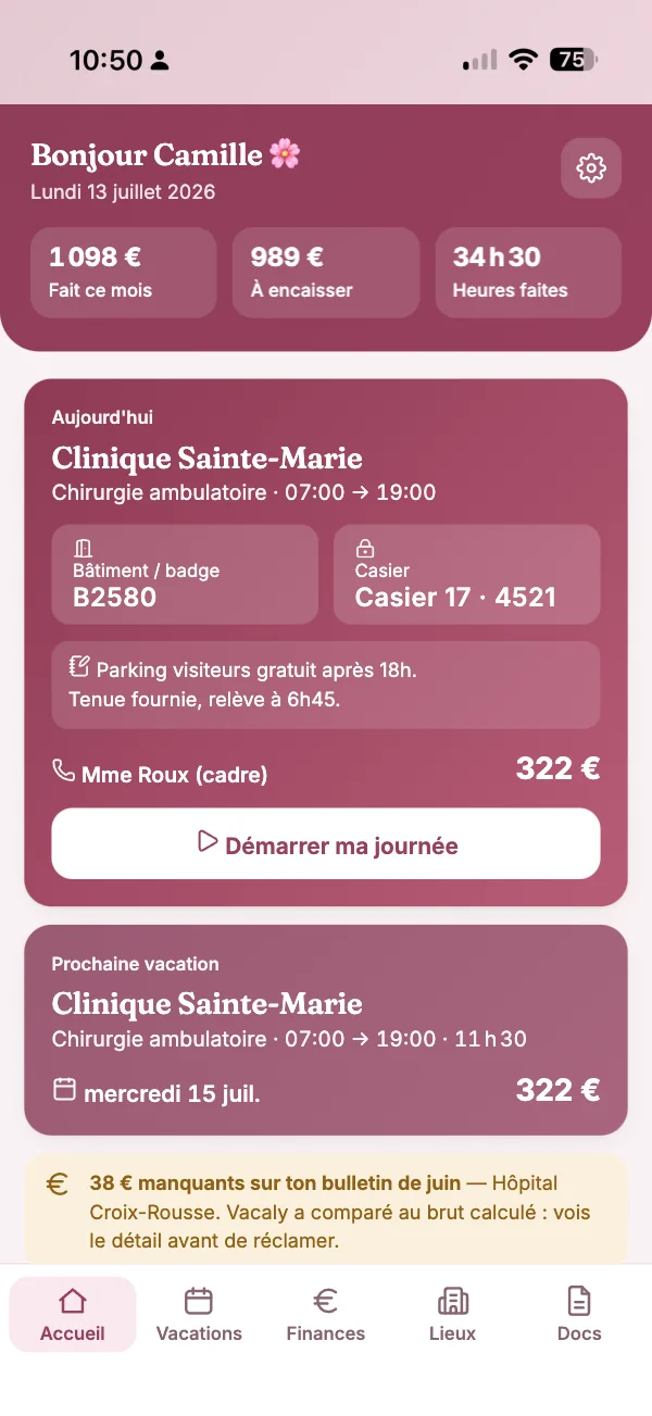 Écran d'accueil le jour d'une vacation : code du bâtiment, casier, notes pratiques et contact du cadre.