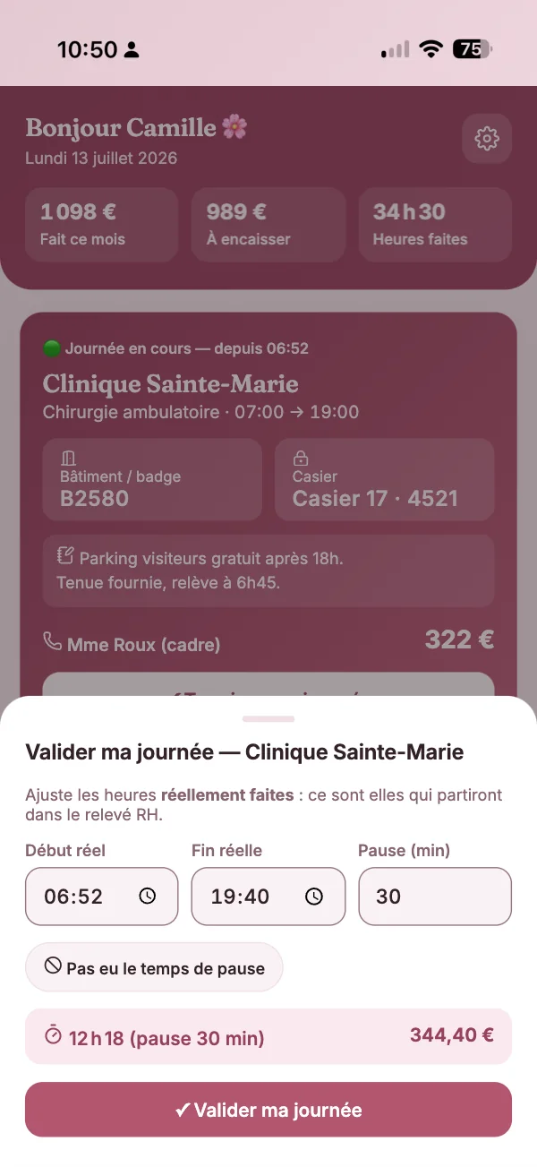 Fenêtre « Valider ma journée » : début réel, fin réelle, pause, et le total d'heures recalculé.